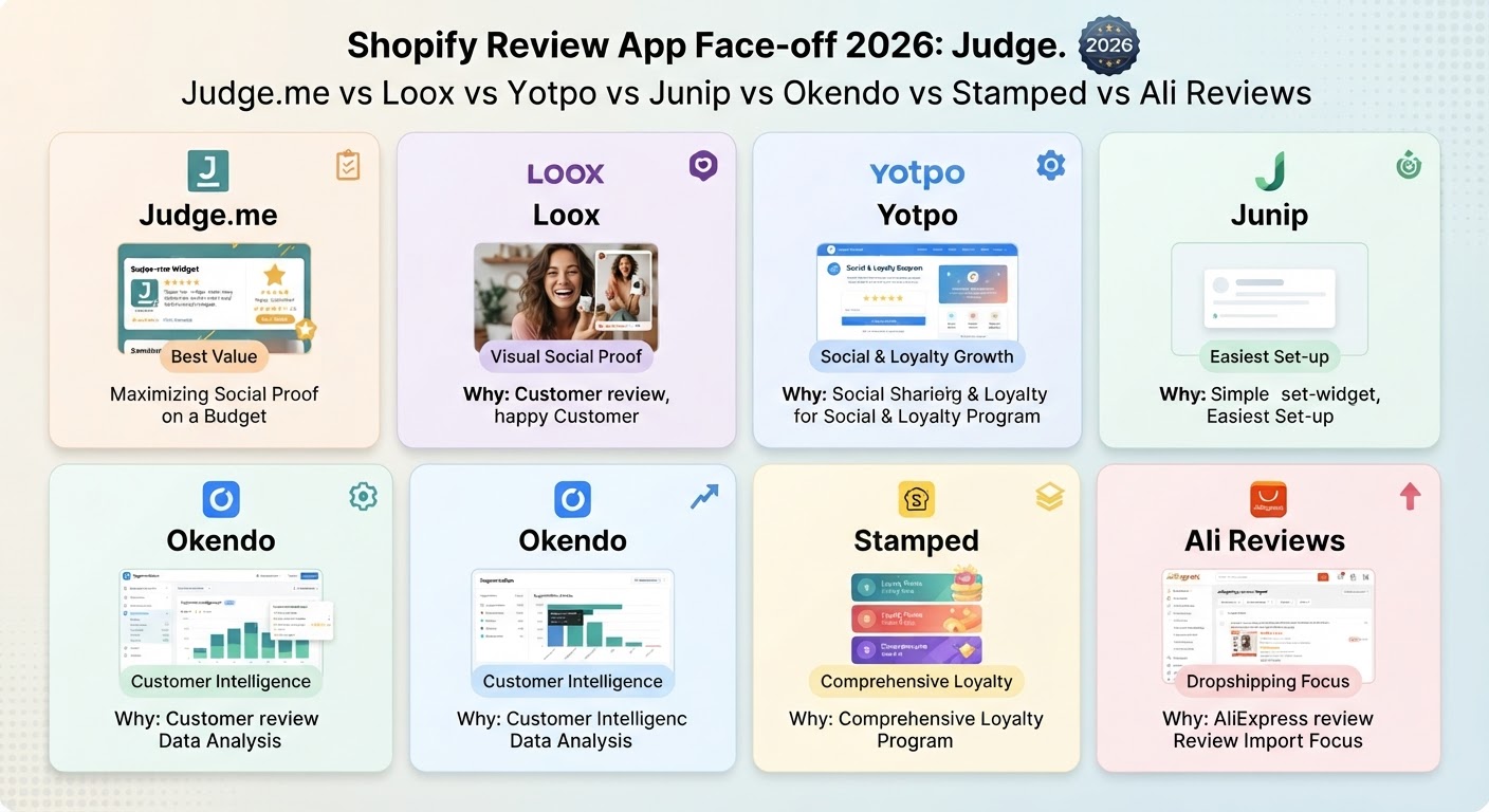 Best Product Review Apps for Shopify (2026): Judge.me vs Loox vs Yotpo vs Junip vs Okendo vs Stamped vs Ali Reviews